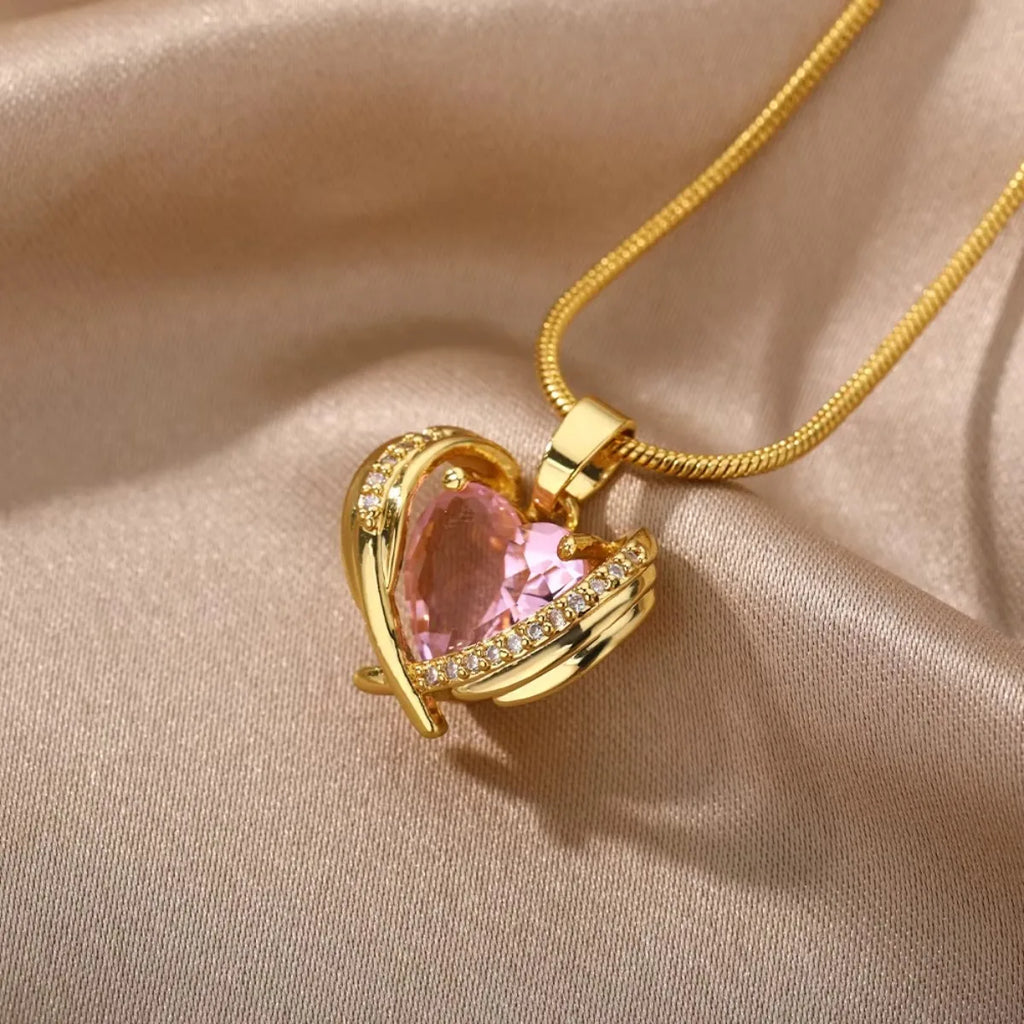 Pink Heart Wings Necklace